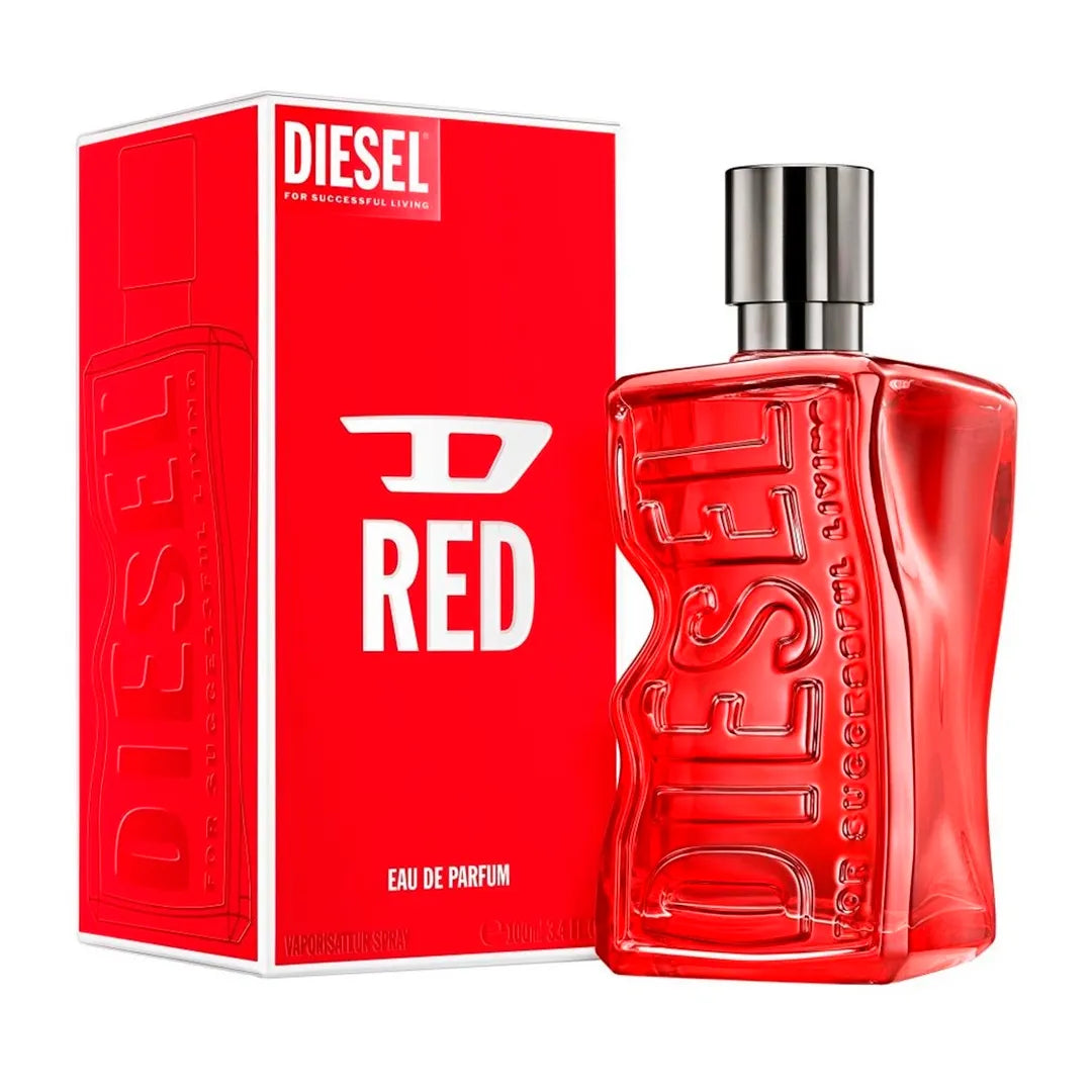 imagen del perfume diesel red eau de parfum 100 ml mostrando su frasco rojo brillante con detalles metálicos