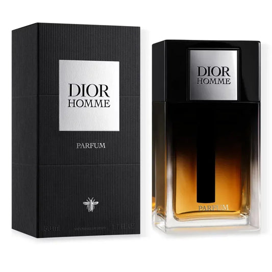 Botella negra de Dior Homme Parfum 75ml con diseño sofisticado y detalles plateados
