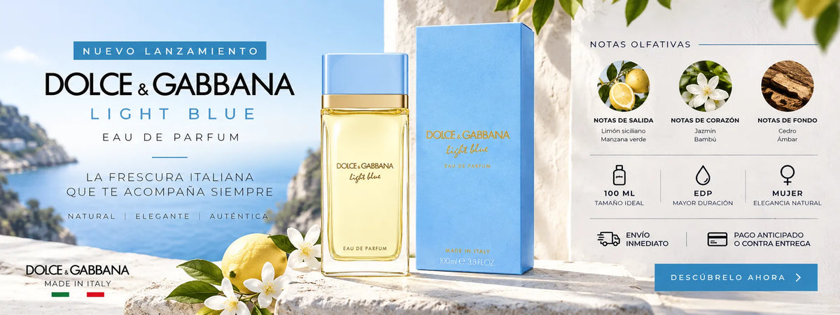 Dolce & Gabbana Light Blue EDP 100 ml para mujer, frasco y caja azul sobre escenario mediterráneo con notas de limón, jazmín, cedro y ámbar