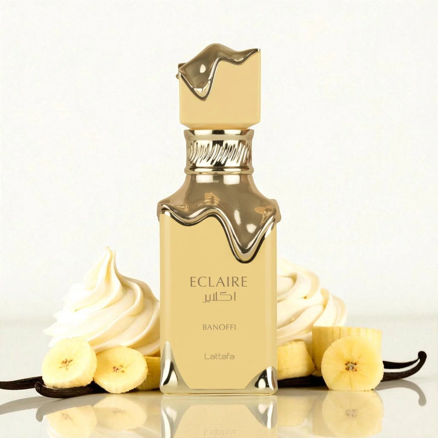 Fragancia femenina Lattafa Eclaire Banoffi 100ml Eau De Parfum con familia olfativa floral frutal gourmand y fondo de almizcle bizcocho y praline