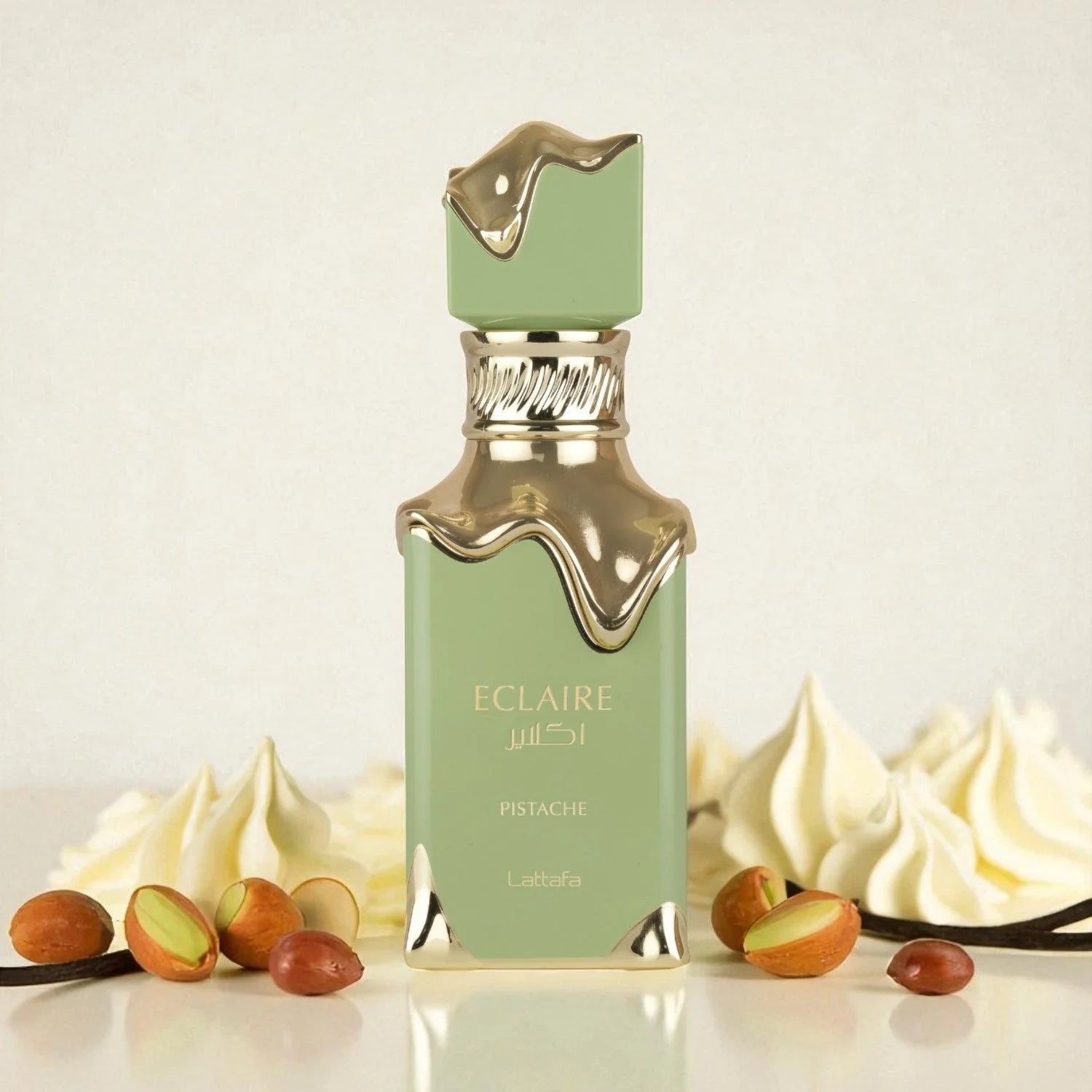 Fragancia Lattafa Eclaire Pistache Mujer 100ml Eau De Parfum con familia oriental vainilla y fondo de almizcle leche y vainilla suave