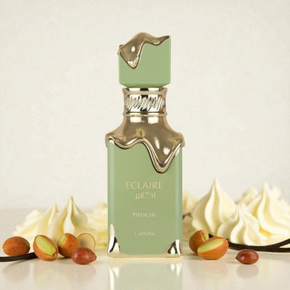 Fragancia Lattafa Eclaire Pistache Mujer 100ml Eau De Parfum con familia oriental vainilla y fondo de almizcle leche y vainilla suave