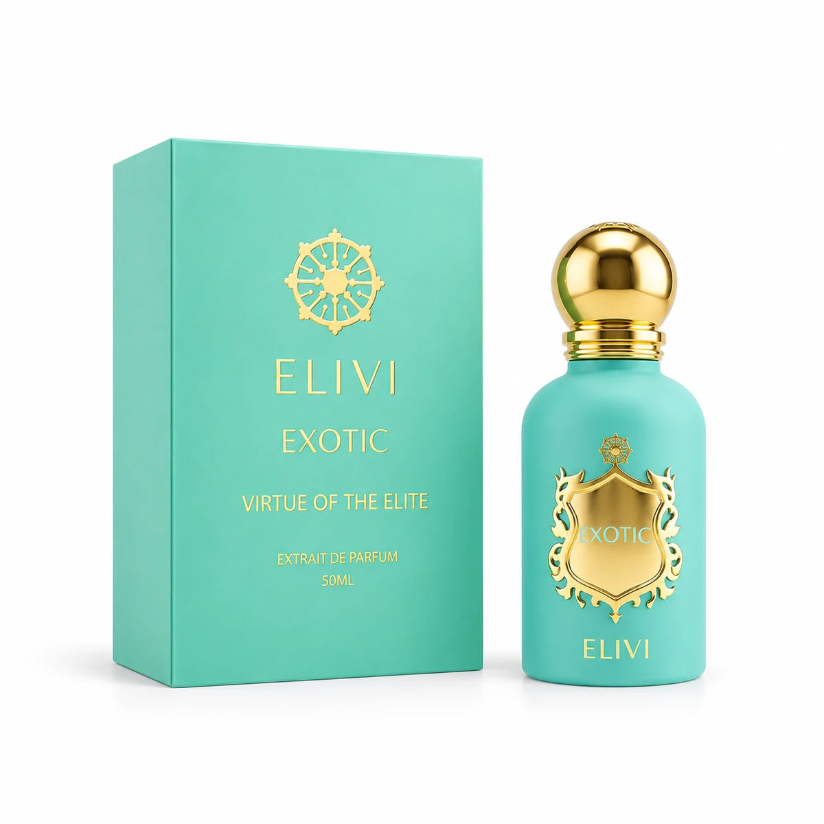 Elivi Exotic Virtue of the Elite Extrait de Parfum de 50 ml junto a su empaque turquesa con detalles dorados sobre fondo blanco