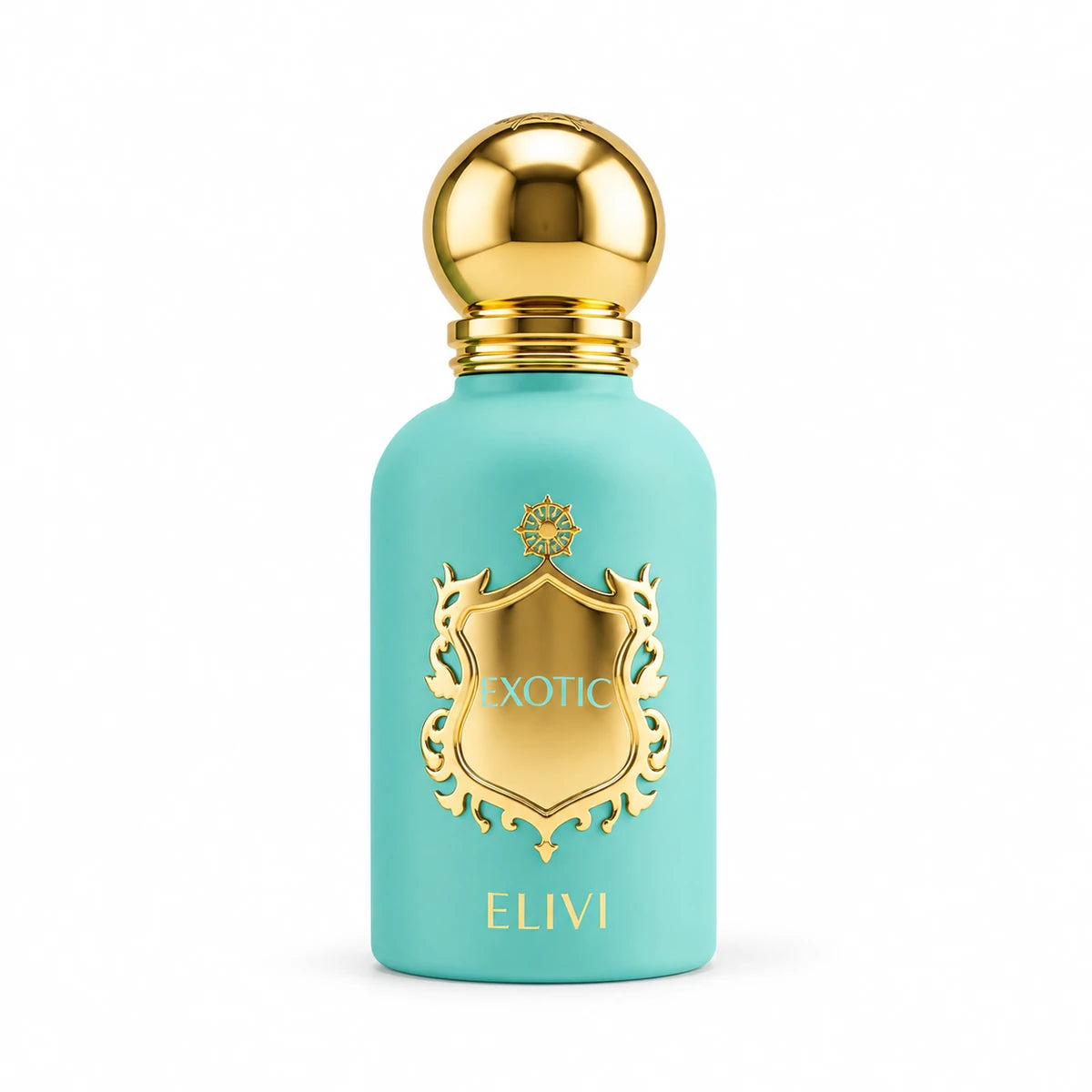 Elivi Exotic Extrait de Parfum de 50 ml con acabado turquesa mate, escudo ornamental dorado y tapa esférica dorada sobre fondo blanco