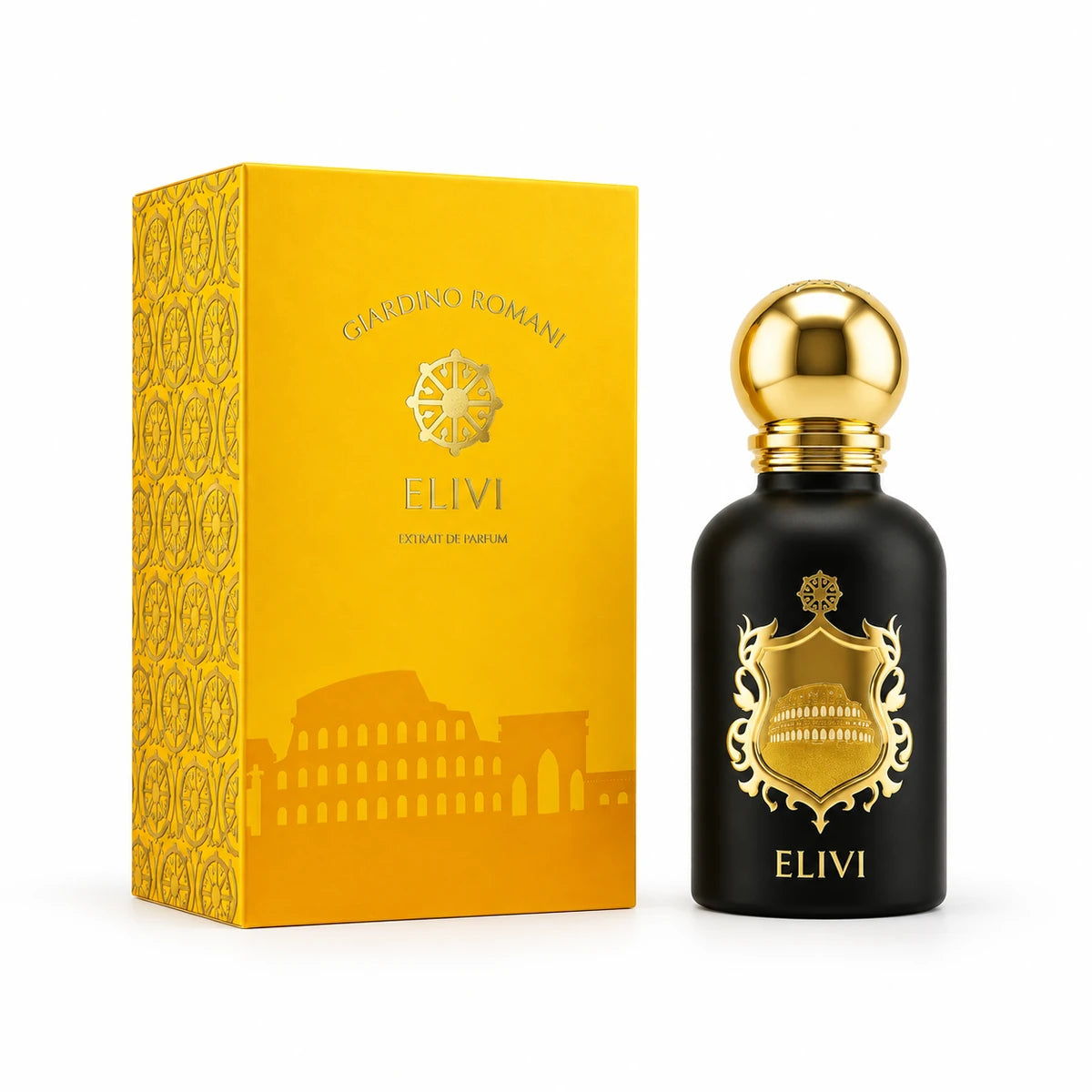 Elivi Giardino Romani Extrait de Parfum unisex de 50 ml junto a su empaque amarillo con ilustración del Coliseo sobre fondo blanco