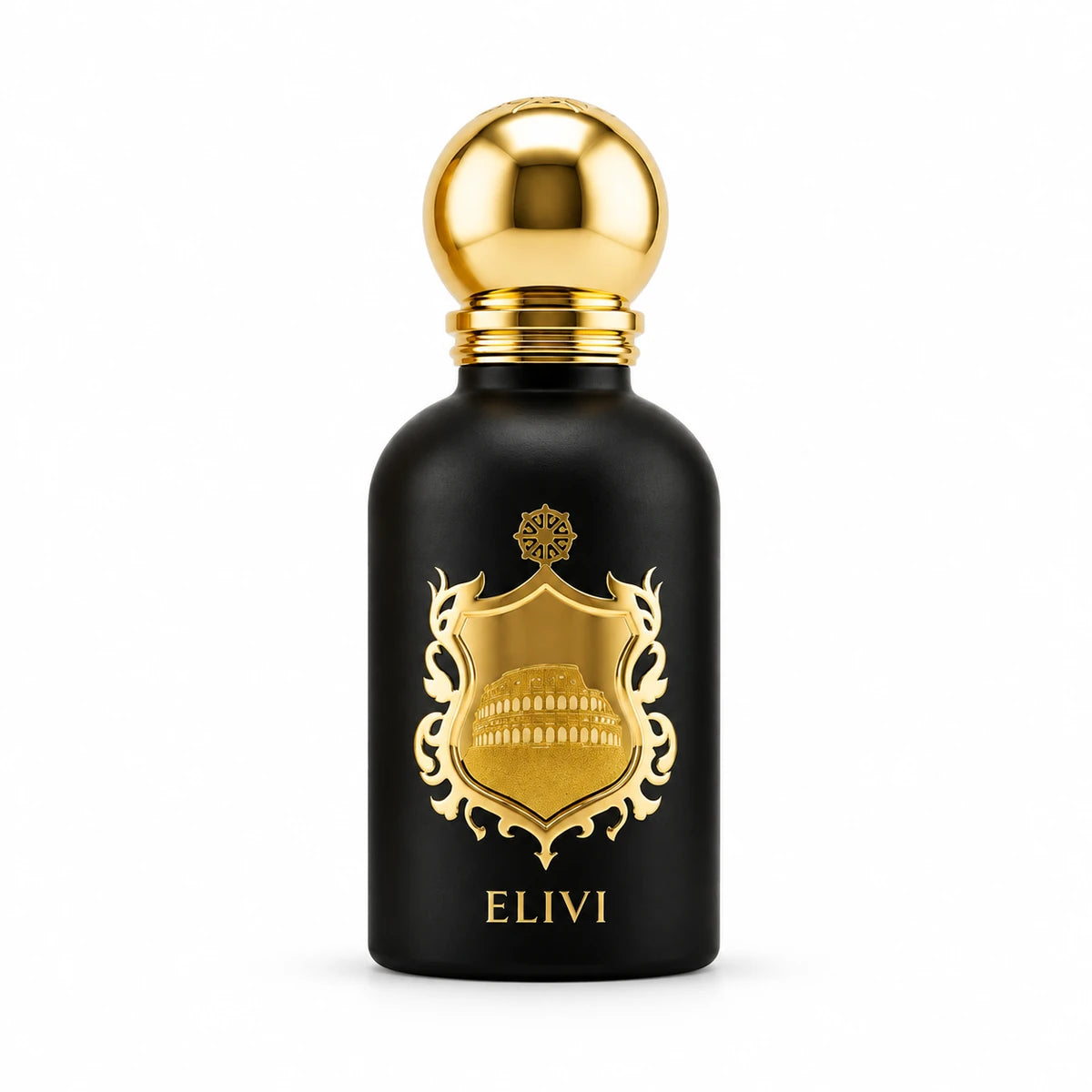 Elivi Giardino Romani Extrait de Parfum unisex de 50 ml con acabado negro mate, escudo del Coliseo y tapa esférica dorada sobre fondo blanco