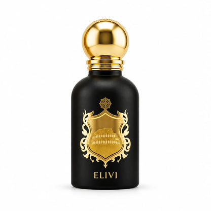 Elivi Giardino Romani Extrait de Parfum unisex de 50 ml con acabado negro mate, escudo del Coliseo y tapa esférica dorada sobre fondo blanco