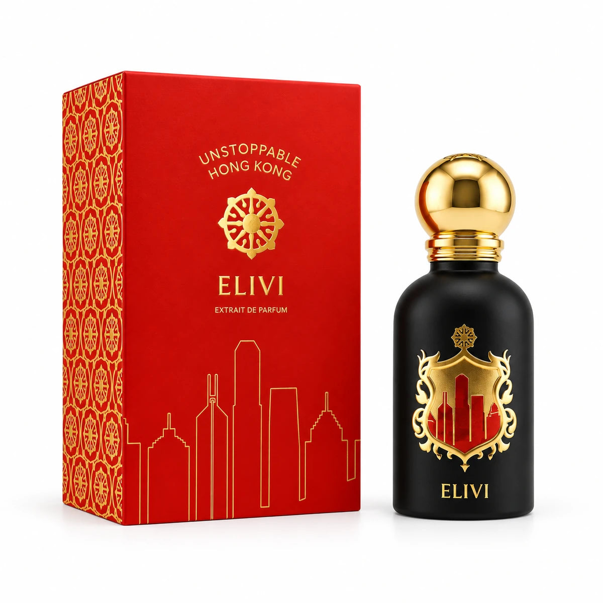 Elivi Hong Kong Unstoppable Extrait de Parfum de 50 ml junto a su empaque rojo con detalles dorados sobre fondo blanco