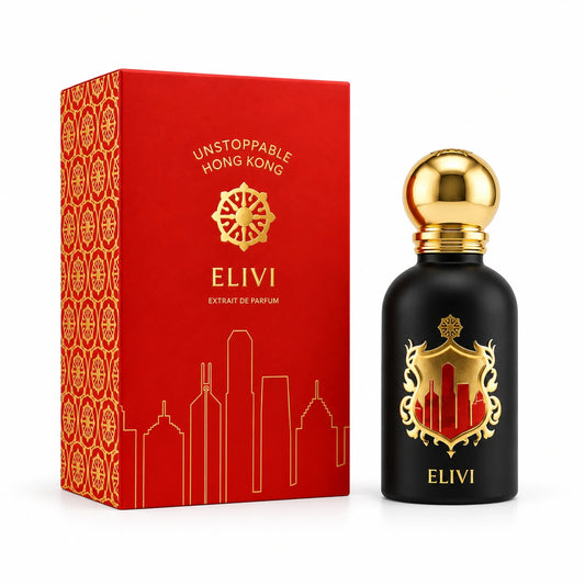 Elivi Hong Kong Unstoppable Extrait de Parfum de 50 ml junto a su empaque rojo con detalles dorados sobre fondo blanco