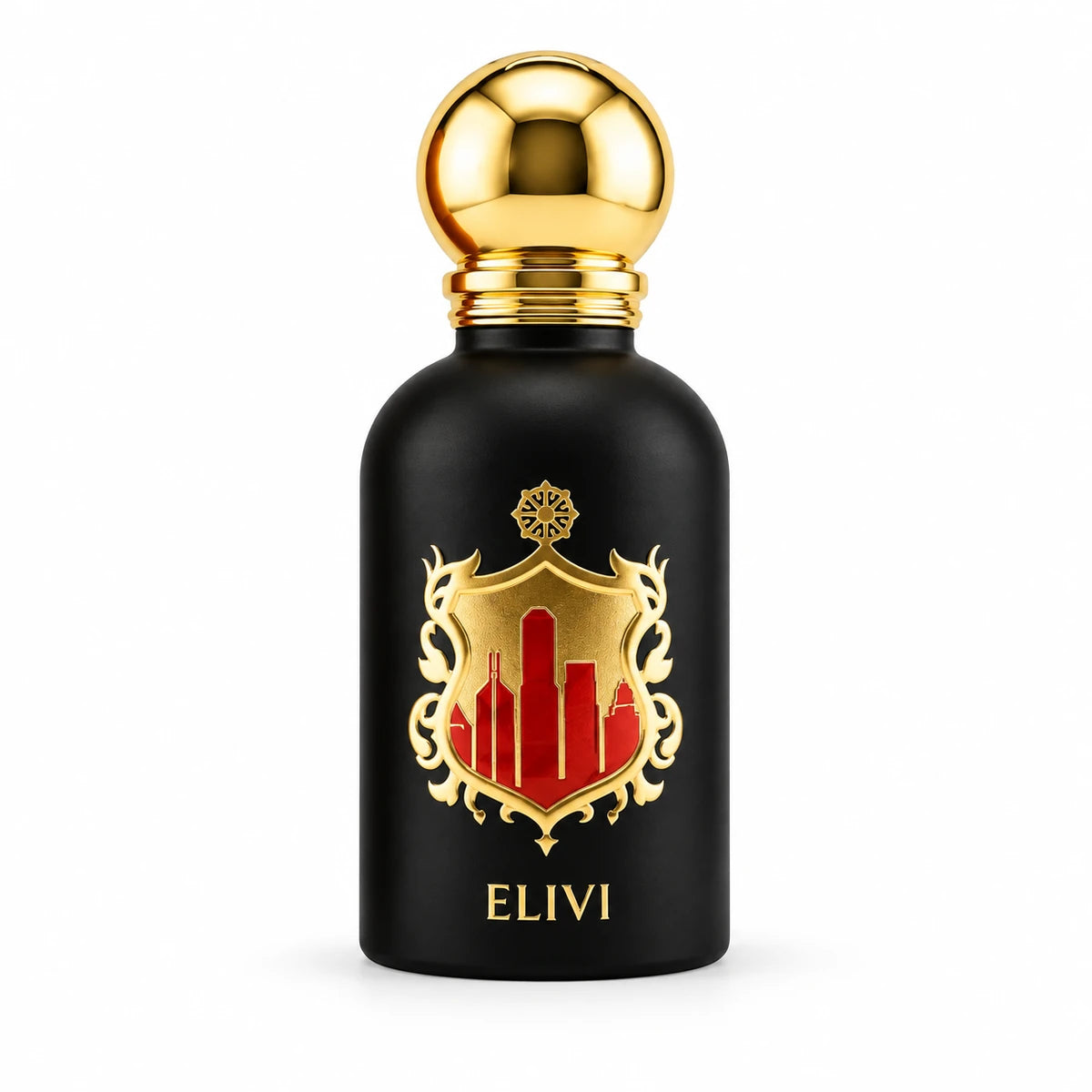 Elivi Hong Kong Unstoppable Extrait de Parfum de 50 ml con acabado negro mate, escudo dorado con edificios rojos y tapa esférica dorada sobre fondo blanco