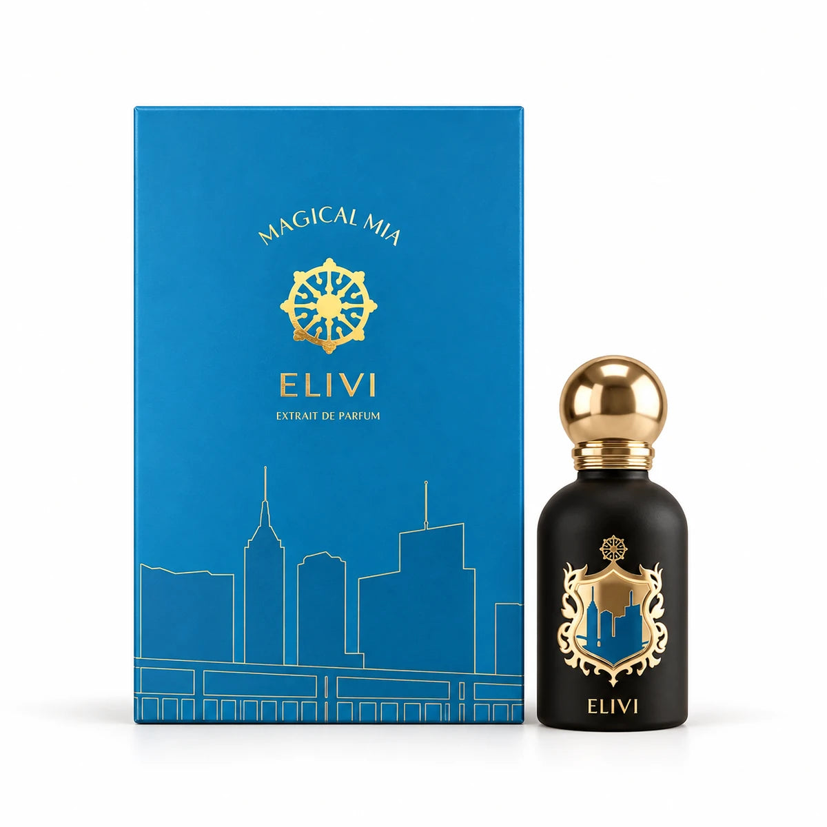 Elivi Magical Mia Extrait de Parfum de 50 ml junto a su empaque azul con ilustraciones de edificios dorados sobre fondo blanco
