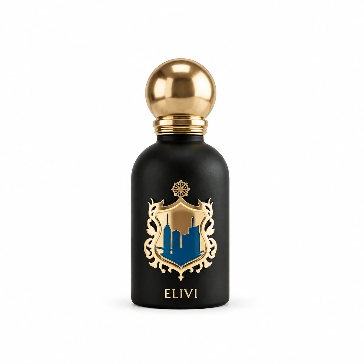Elivi Magical Mia Extrait de Parfum de 50 ml con acabado negro mate, escudo dorado con edificios azules y tapa esférica dorada sobre fondo blanco