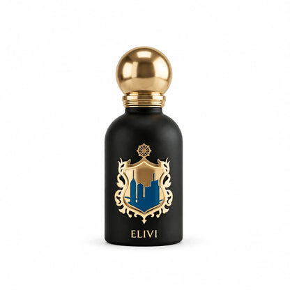 Elivi Magical Mia Extrait de Parfum de 50 ml con acabado negro mate, escudo dorado con edificios azules y tapa esférica dorada sobre fondo blanco