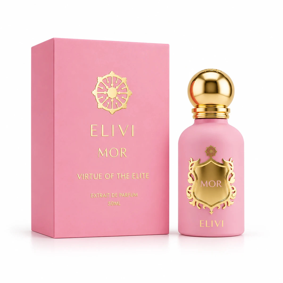 Elivi Mor Virtue of the Elite Extrait de Parfum de 50 ml junto a su empaque rosa con detalles dorados sobre fondo blanco