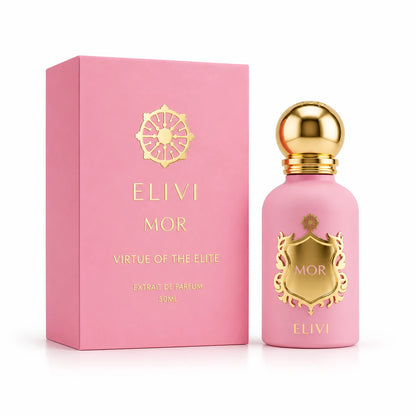 Elivi Mor Virtue of the Elite Extrait de Parfum de 50 ml junto a su empaque rosa con detalles dorados sobre fondo blanco