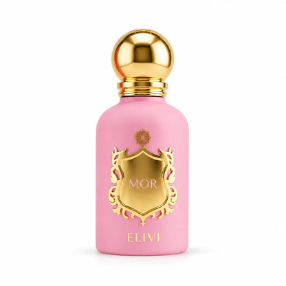 Elivi Mor Extrait de Parfum de 50 ml con acabado rosa mate, escudo ornamental dorado y tapa esférica dorada sobre fondo blanco