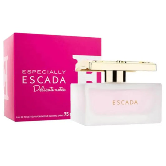 Botella rosa de Escada Especially Delicate Notes EDT 75ml con diseño elegante y detalles plateados