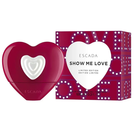 Botella roja de Escada Show Me Love EDP 100ml con diseño elegante y detalles dorados