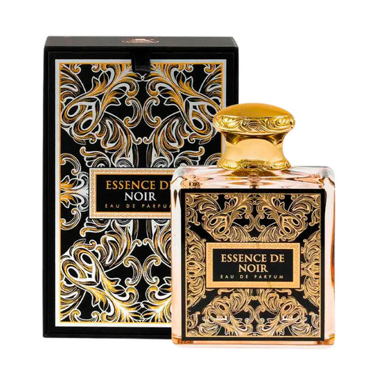 Perfume Essence De Noir French Avenue 100ml Eau De Parfum en frasco elegante con diseño oscuro y detalles dorados sobre fondo neutro