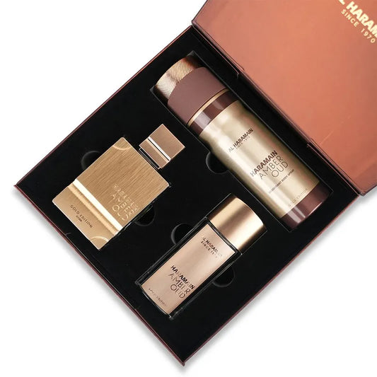 Estuche Amber Oud Gold Edition de Al Haramain Set Eau de Parfum con lujosa fragancia oriental
