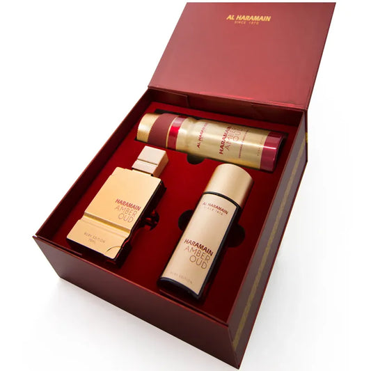 Estuche Amber Oud Ruby Edition de Al Haramain Set Eau de Parfum 75ml con exclusiva fragancia oriental floral
