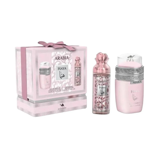 Estuche decorativo Arabia Haya Le Chameau set EDP para mujer con frasco rosa