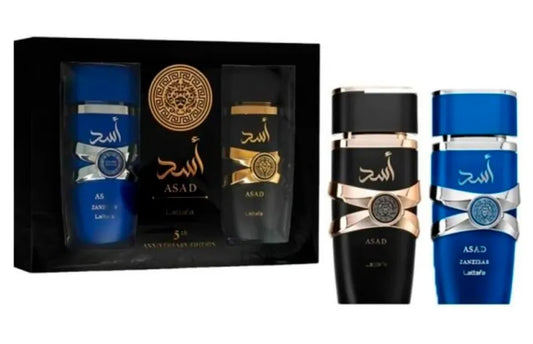 Estuche dorado Asad Lattafa EDP 100ml con frasco y productos para hombre