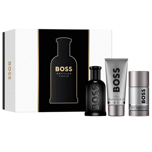 Estuche negro Boss Bottled Parfum Hugo Boss 100ml con frasco cuadrado y accesorios