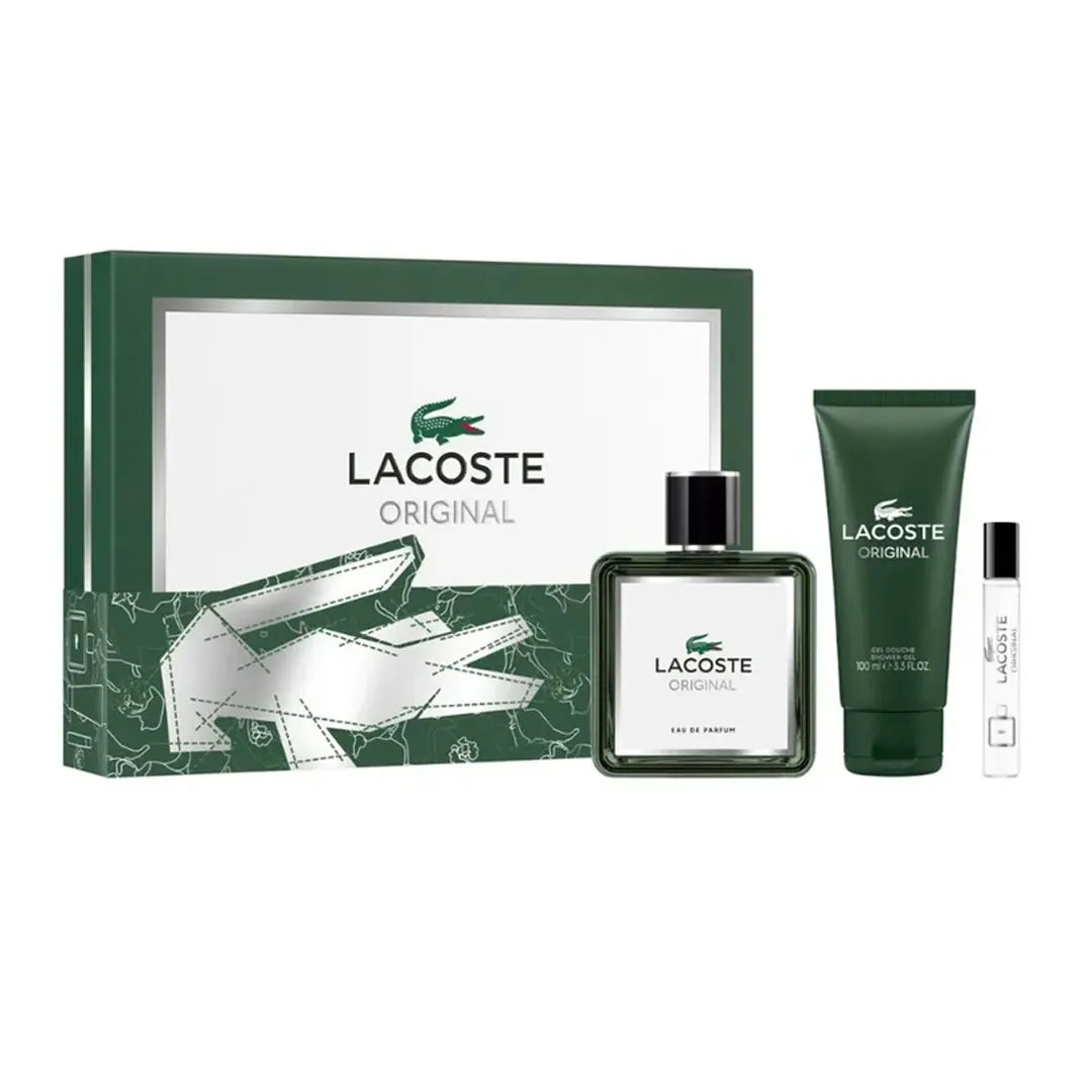 Detalle del frasco y accesorios del set Estuche Lacoste Original hombre