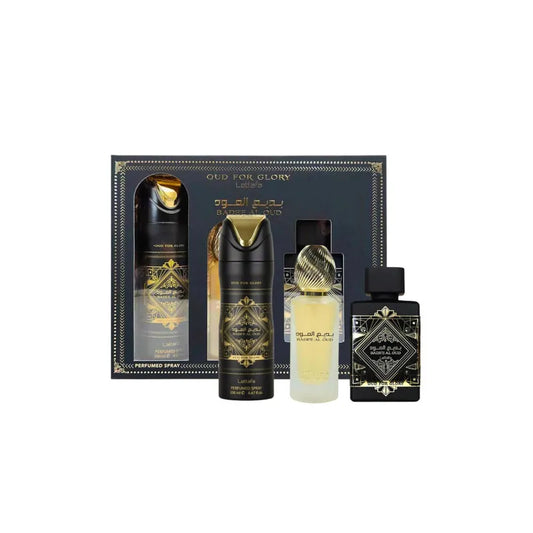 Estuche Lattafa Bade'e Al Oud Oud For Glory Set EDP 100ml con lujosa fragancia oriental de oud
