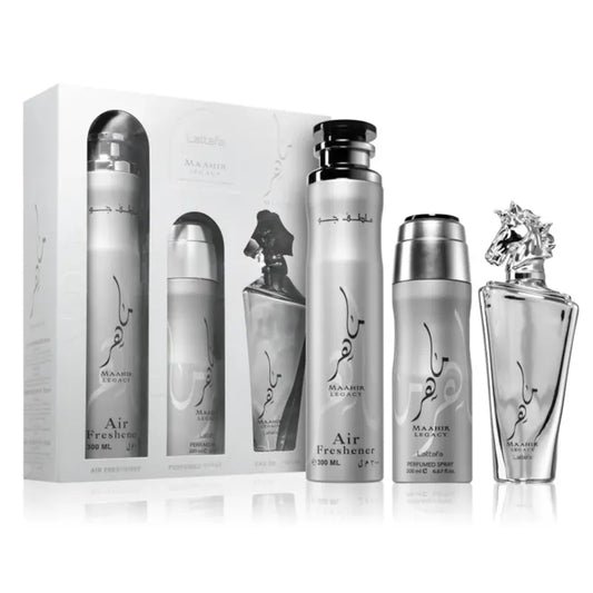 Estuche Lattafa Maahir Legacy Set Unisex EDP 100ml con elegante fragancia amaderada especiada
