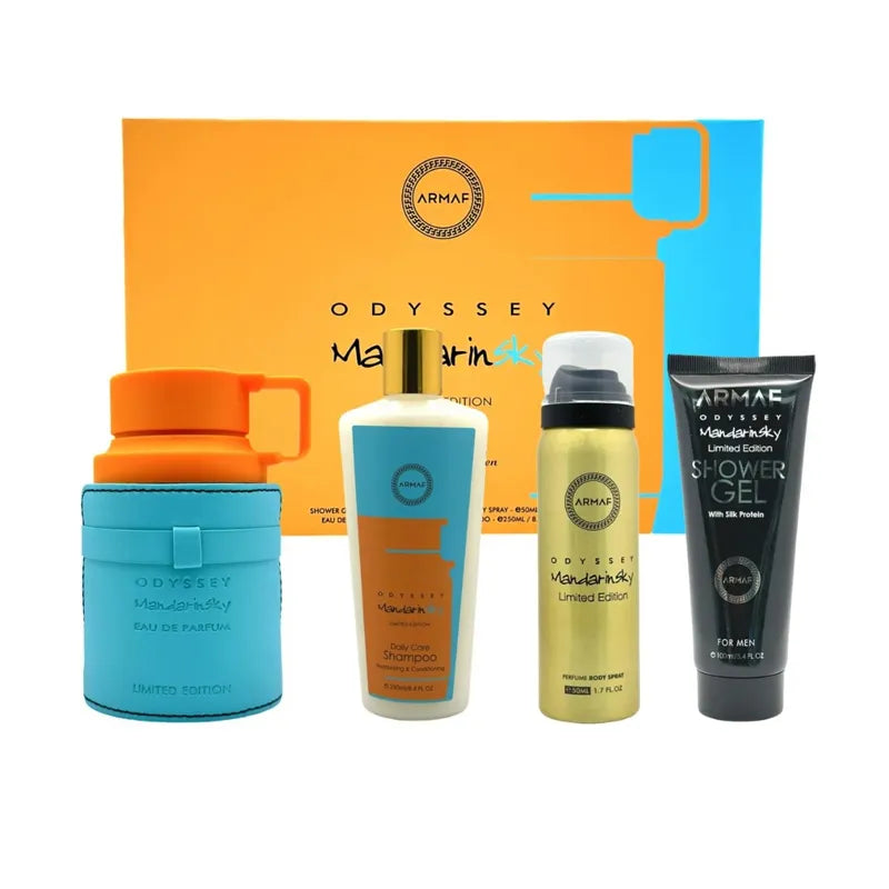 Estuche Mandarin Sky Odyssey Armaf set de perfume para hombre 100ml EDP fragancia cítrica y amaderada
