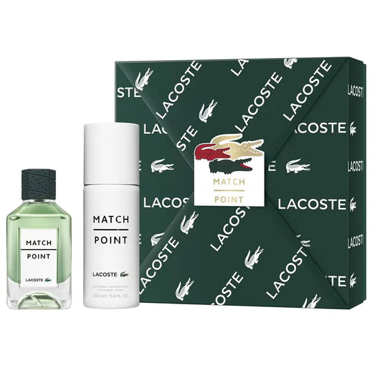 Estuche verde moderno de Lacoste con botella Match Point EDT 100ml y productos para el cuidado
