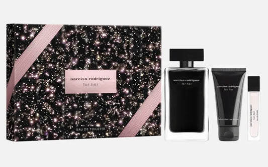 Estuche minimalista de Narciso Rodriguez con perfume For Her EDP 100ml y productos complementarios
