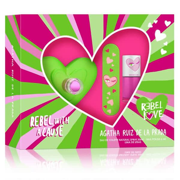 Estuche Rebel Love Agatha Ruiz de la Prada Set para mujer incluye perfume de 80 ml Eau de Toilette con fragancia frutal floral presentación en diseño moderno


