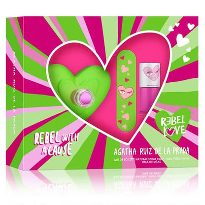 Estuche Rebel Love Agatha Ruiz de la Prada Set para mujer incluye perfume de 80 ml Eau de Toilette con fragancia frutal floral presentación en diseño moderno

