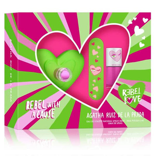 Estuche Rebel Love Agatha Ruiz de la Prada Set para mujer incluye perfume de 80 ml Eau de Toilette con fragancia frutal floral presentación en diseño moderno

