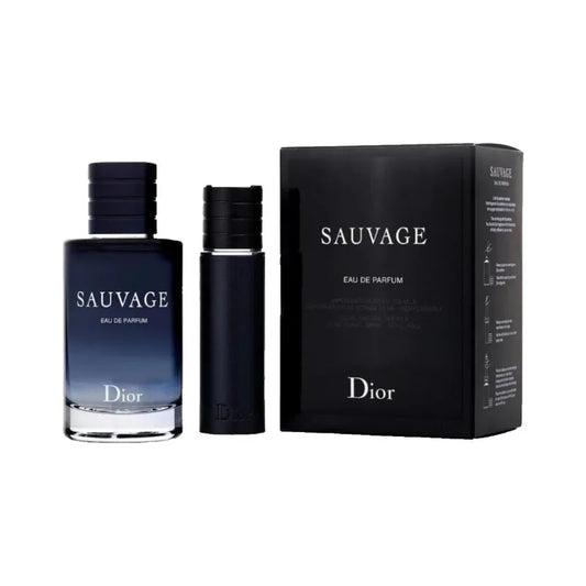 Estuche azul premium de Dior con perfume Sauvage EDP 100ml y accesorios de cuidado
