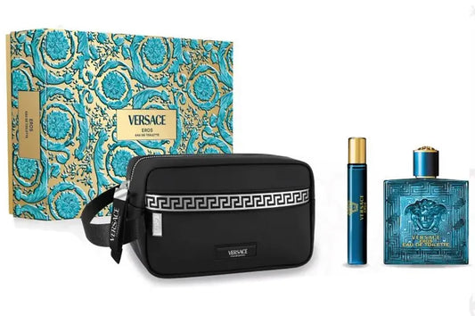 Estuche verde vibrante de Versace con perfume Eros EDT 100ml y accesorios
