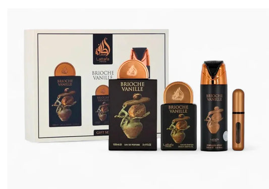 estuche lattafa brioche vanilla set eau de parfum 100ml frasco dorado con caja elegante sobre fondo blanco