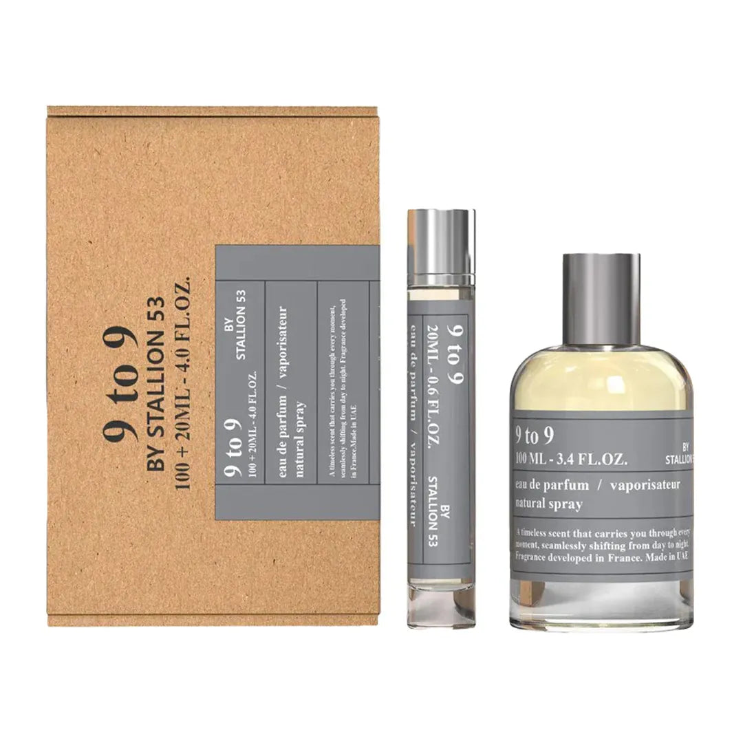 estuche 9 to 9 de stallion 53 perfume aromático amaderado para hombres con presentación 100ml más 20ml