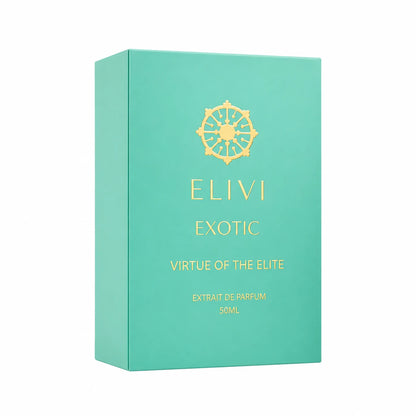Empaque turquesa de Elivi Exotic Virtue of the Elite Extrait de Parfum de 50 ml con emblema y letras doradas sobre fondo blanco