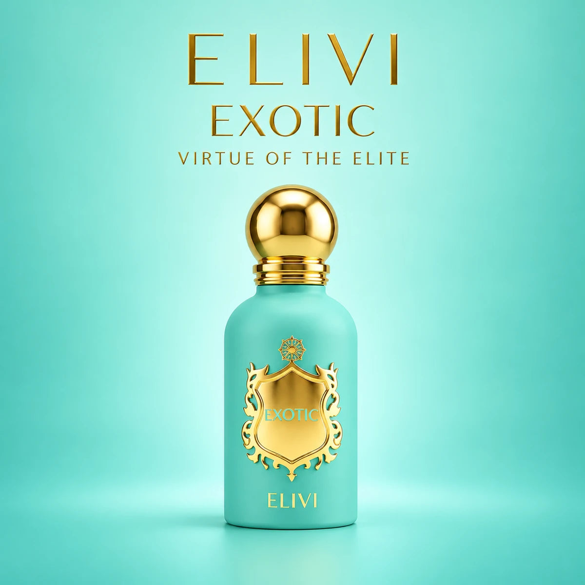 Elivi Exotic Virtue of the Elite de 50 ml sobre fondo turquesa degradado con la marca y la referencia en letras doradas