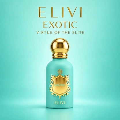 Elivi Exotic Virtue of the Elite de 50 ml sobre fondo turquesa degradado con la marca y la referencia en letras doradas
