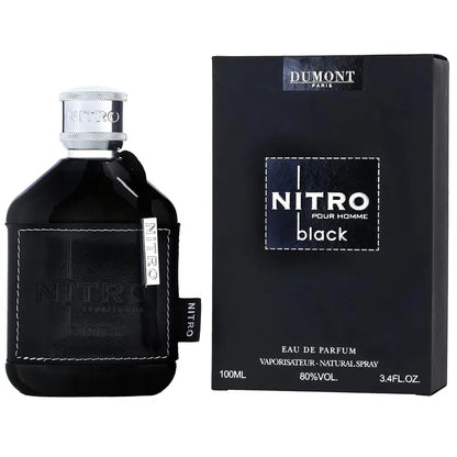 Fragancia masculina Dumont Nitro Black con notas de cuero y pimienta en empaque premium
