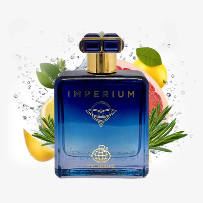 Perfume de lujo Imperium Exclusive Fragrance World con frasco rectangular y tonos metálicos que reflejan elegancia masculina