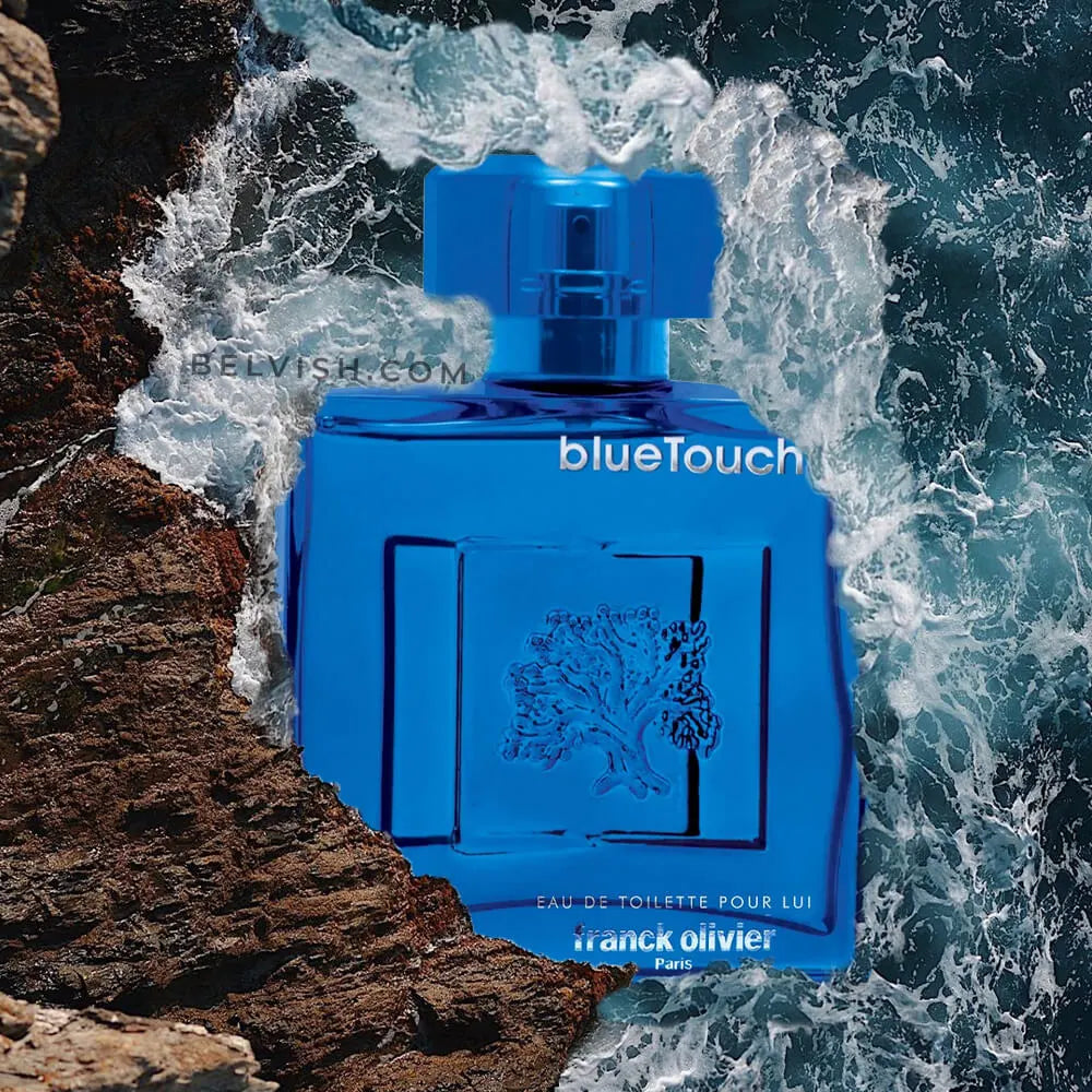 Perfume Franck Olivier Blue Touch 100ml frasco moderno con forma curva y logo plateado