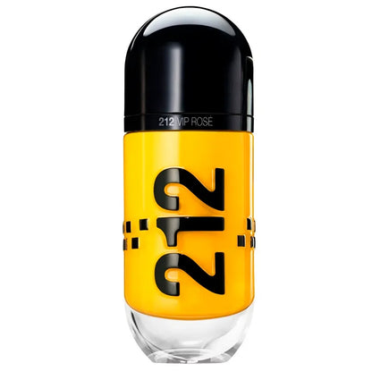 Frasco amarillo 212 Cap VIP Rosé Carolina Herrera Eau de Parfum diseño cilíndrico color rosa