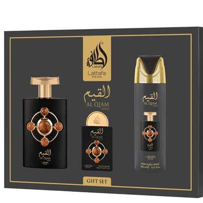 Frasco de Lattafa Pride Al Qiam Gold EDP 100 ml, perfume ambarado unisex presentación estuche set de regalo