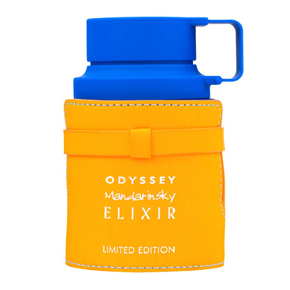 Frasco de Armaf Odyssey Mandarin Sky Elixir EDP 100ml, perfume unisex de edición limitada con diseño elegante y aroma dulce especiado